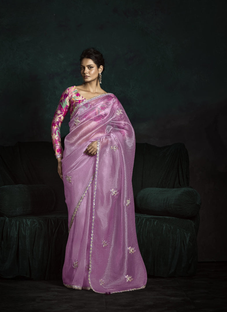 Crushed Tissue Hand Embroidered Border Saree