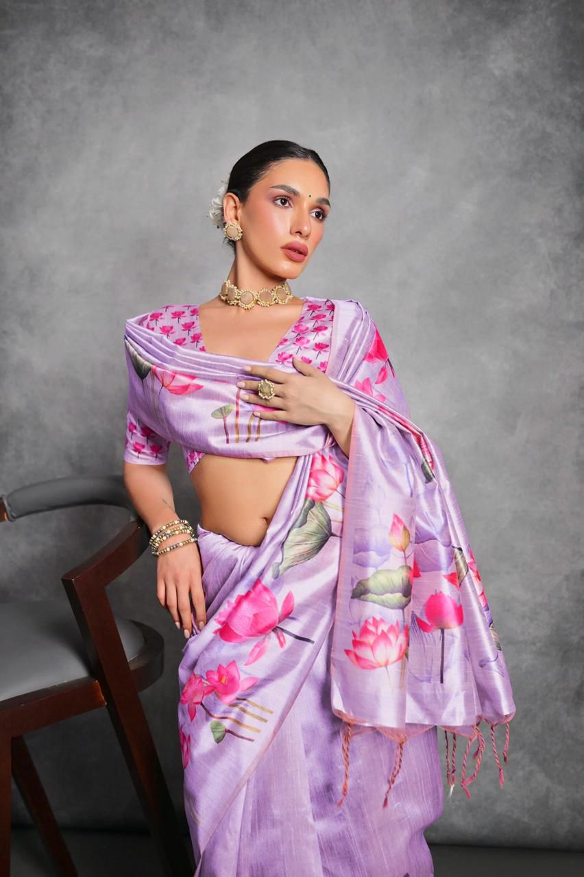 Soft Tussar Silk With Lotus Print Saree