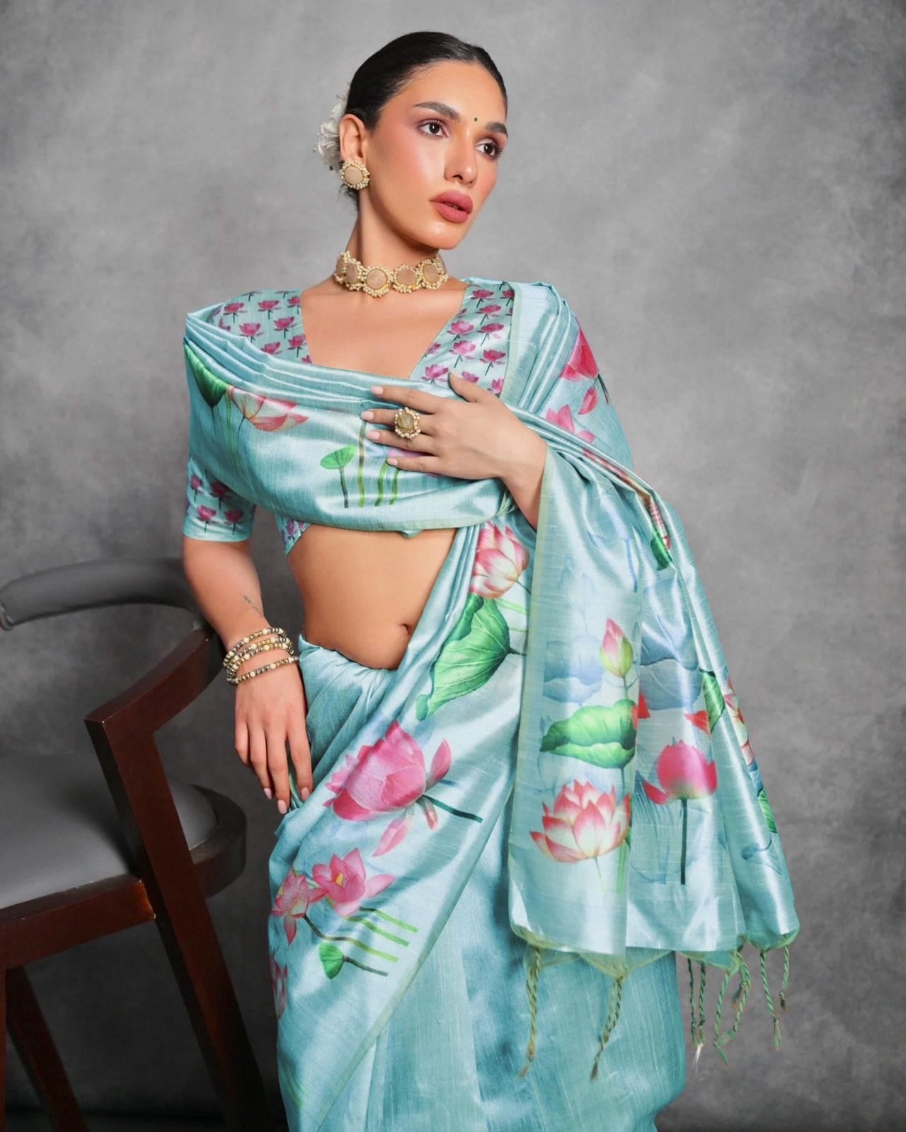 Soft Tussar Silk With Lotus Print Saree