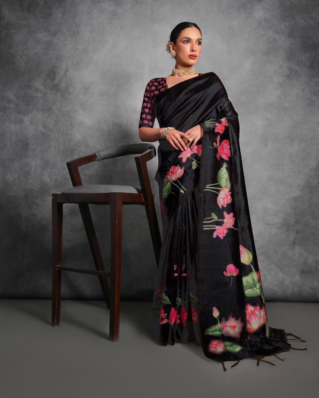 Soft Tussar Silk With Lotus Print Saree