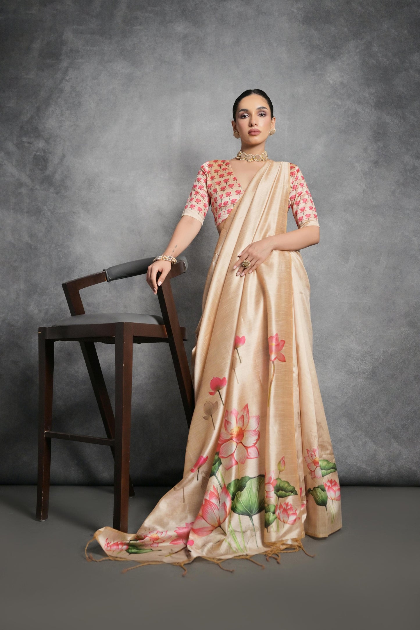 Soft Tussar Silk With Lotus Print Saree