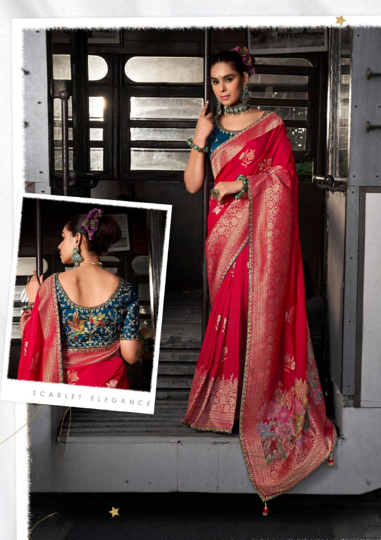 Soft Dola Viscous Silk with 3d Weaved Pallu & Fancy Lace Border with Heavy Embroidered Contrast Blouse