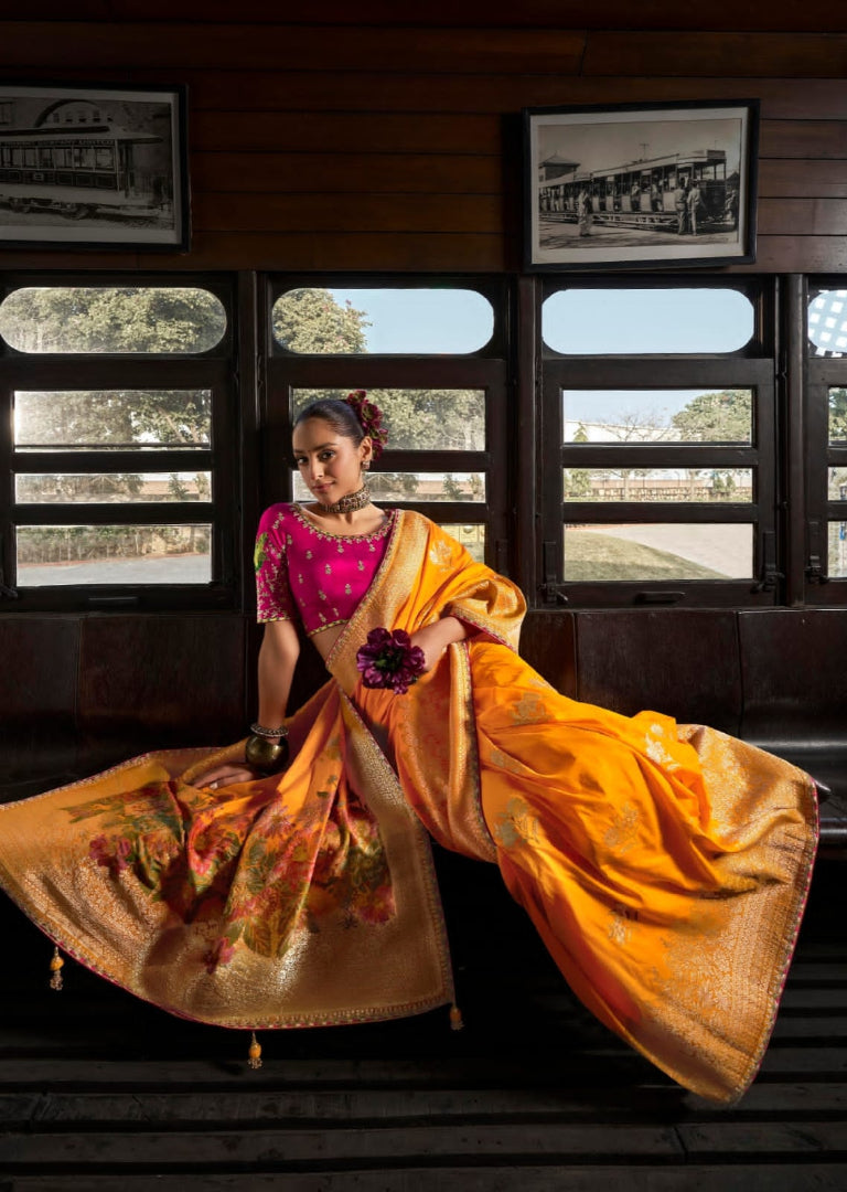 Heavy Embroidered Contrast Blouse Soft Dola Viscous Silk with 3d Weaved Pallu & Fancy Lace Border Yellow Saree