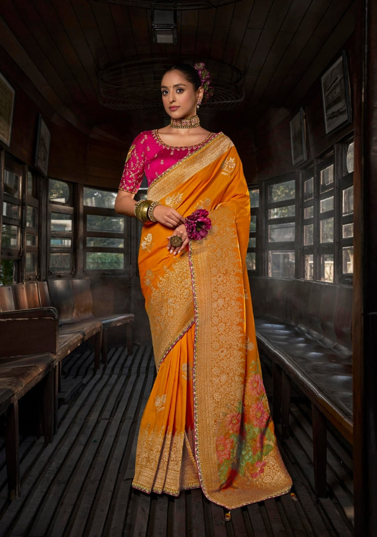 Heavy Embroidered Contrast Blouse Soft Dola Viscous Silk with 3d Weaved Pallu & Fancy Lace Border Yellow Saree