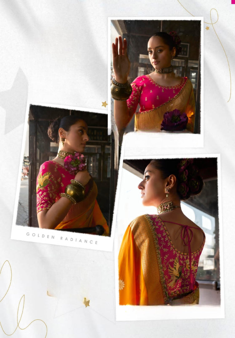 Soft Dola Viscous Silk with 3d Weaved Pallu & Fancy Lace Border with Heavy Embroidered Contrast Blouse