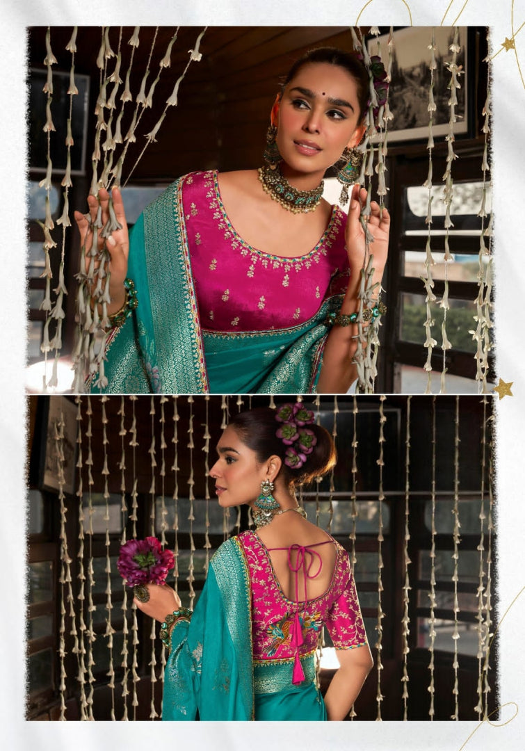 Heavy Embroidered Contrast Blouse Soft Dola Viscous Silk with 3d Weaved Pallu & Fancy Lace Border Green Saree