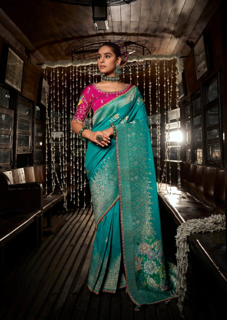 Heavy Embroidered Contrast Blouse Soft Dola Viscous Silk with 3d Weaved Pallu & Fancy Lace Border Green Saree