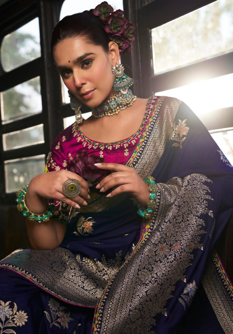 Heavy Embroidered Contrast Blouse Soft Dola Viscous Silk with 3d Weaved Pallu & Fancy Lace Border Purple Saree