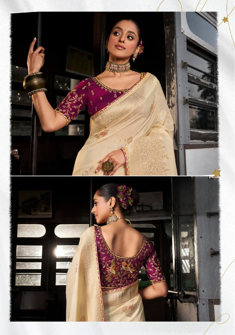 Soft Dola Viscous Silk with 3d Weaved Pallu & Fancy Lace Border with Heavy Embroidered Contrast Blouse Beige Saree