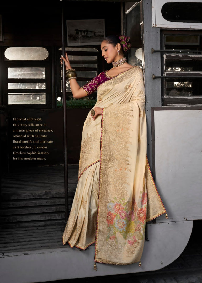 Soft Dola Viscous Silk with 3d Weaved Pallu & Fancy Lace Border with Heavy Embroidered Contrast Blouse Beige Saree