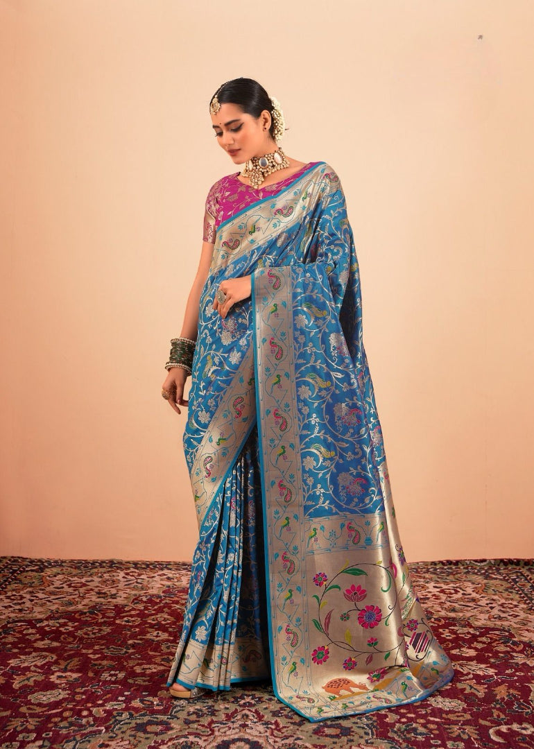 Royal Blue Paithani Silk Saree With Multi-Color Zari Weaving