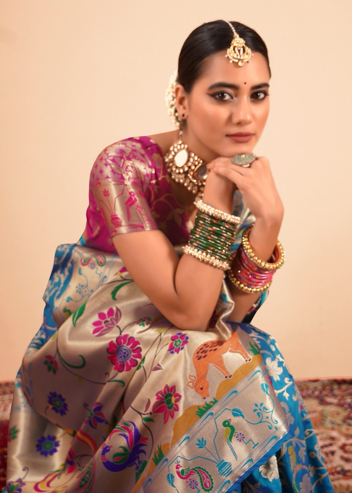 Royal Blue Paithani Silk Saree With Multi-Color Zari Weaving