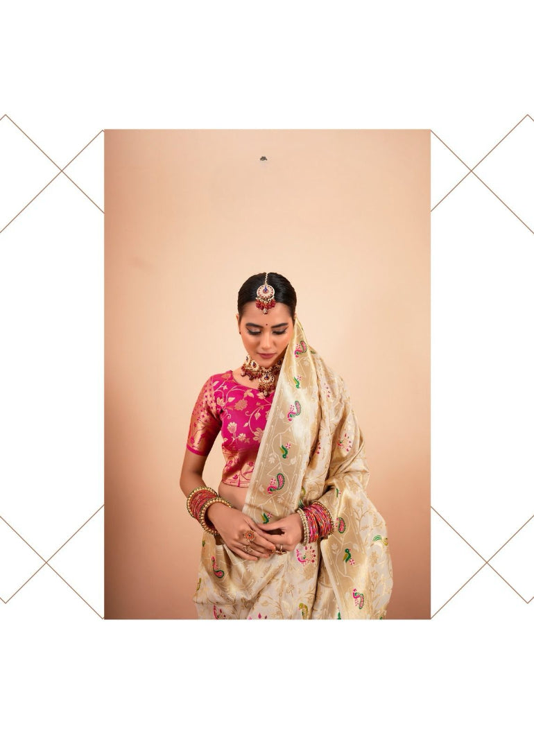 White Paithani Silk Saree With Multi-Color Zari Weaving