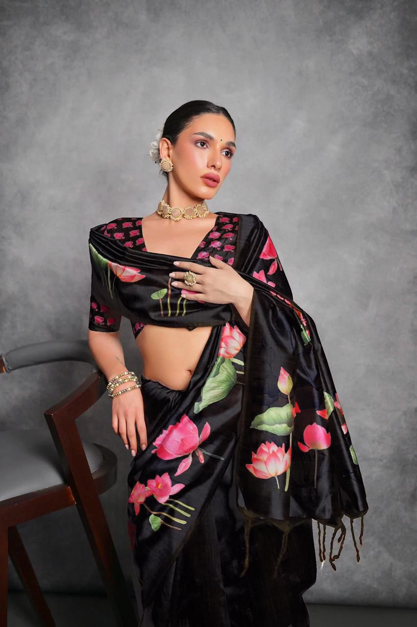 Soft Tussar Silk With Lotus Print Saree