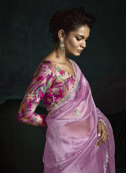 Crushed Tissue Hand Embroidered Border Saree
