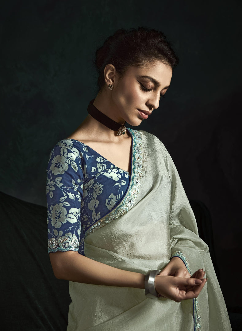 Crushed Tissue Hand Embroidered Border Saree