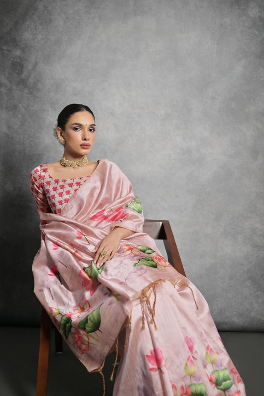 Soft Tussar Silk With Lotus Print Saree