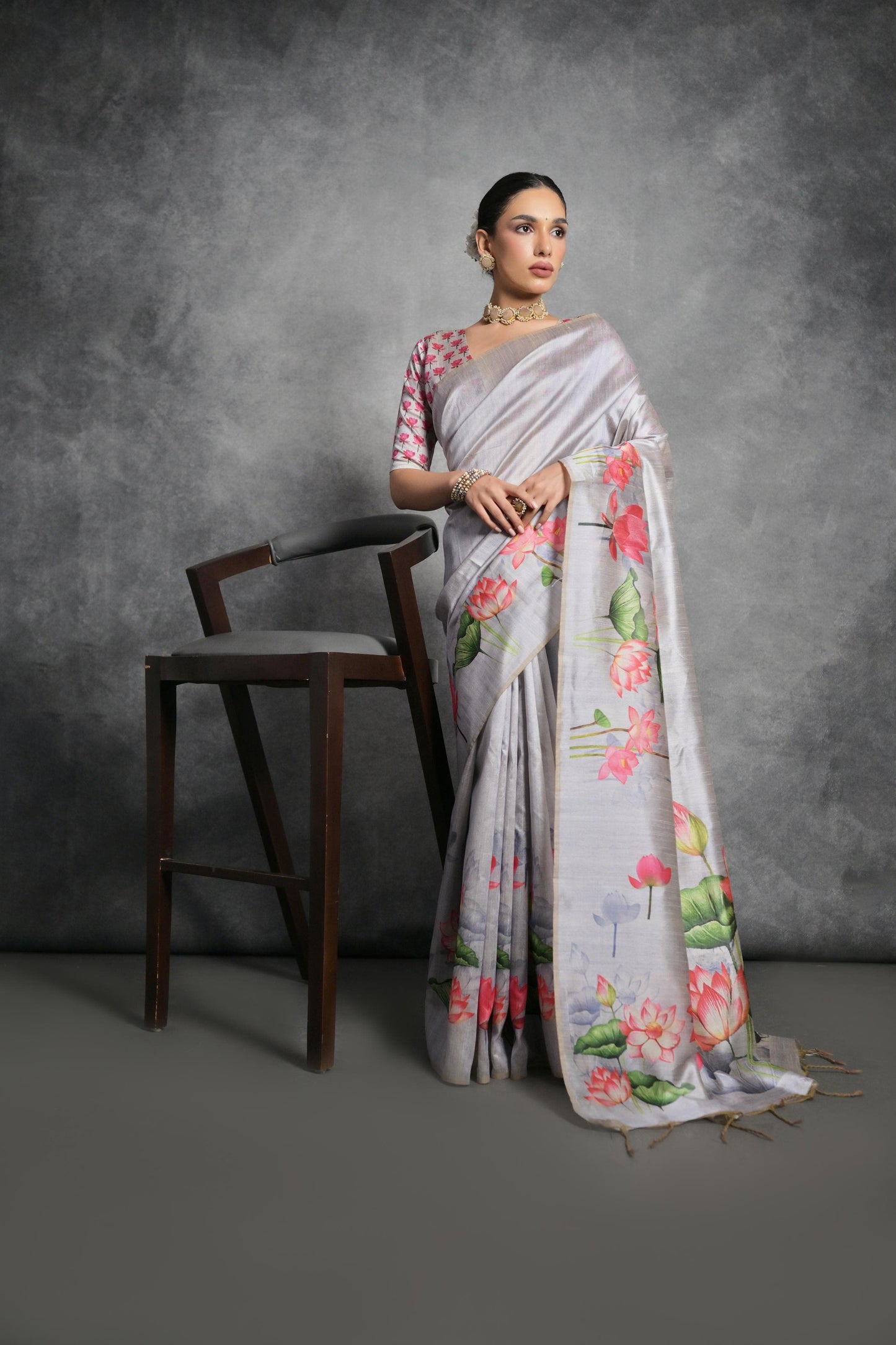 Soft Tussar Silk With Lotus Print Saree
