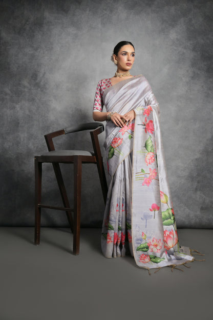 Soft Tussar Silk With Lotus Print Saree