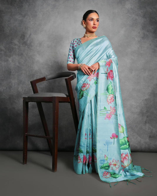 Soft Tussar Silk With Lotus Print Saree