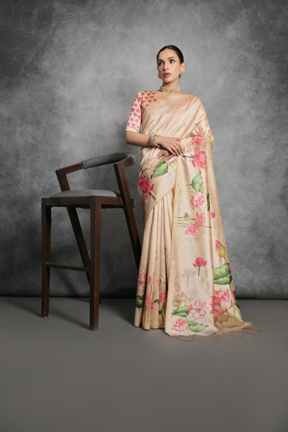 Soft Tussar Silk With Lotus Print Saree