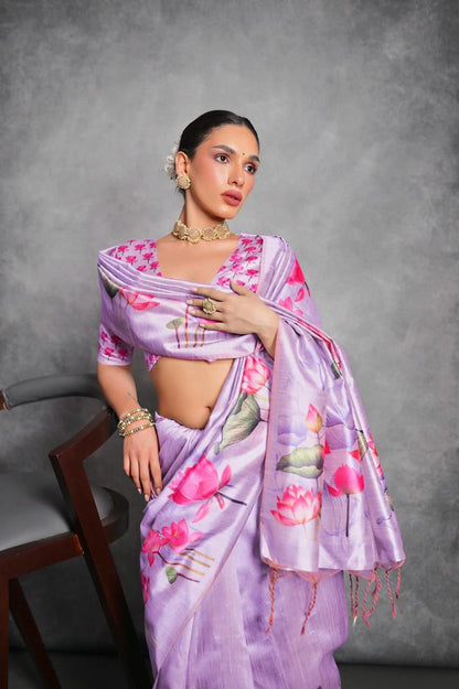 Soft Tussar Silk With Lotus Print Saree