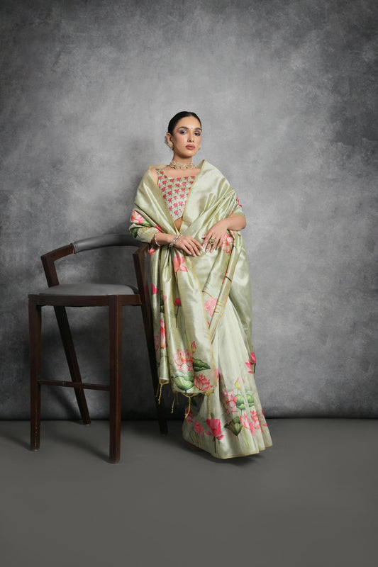 Soft Tussar Silk With Lotus Print Saree