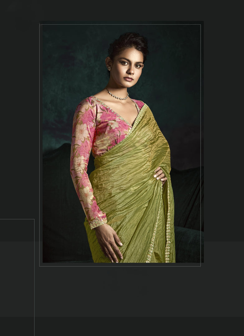 Crushed Tissue Hand Embroidered Border Saree