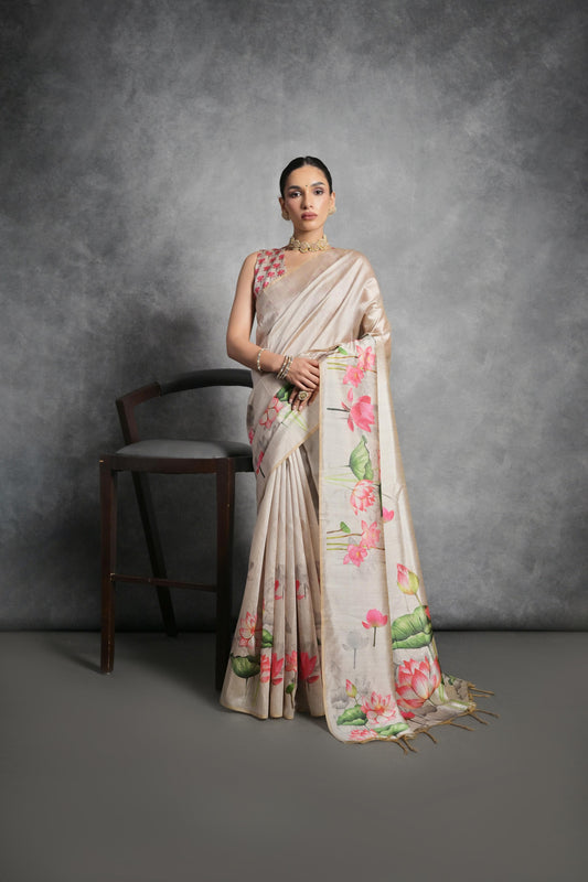 Soft Tussar Silk With Lotus Print Saree