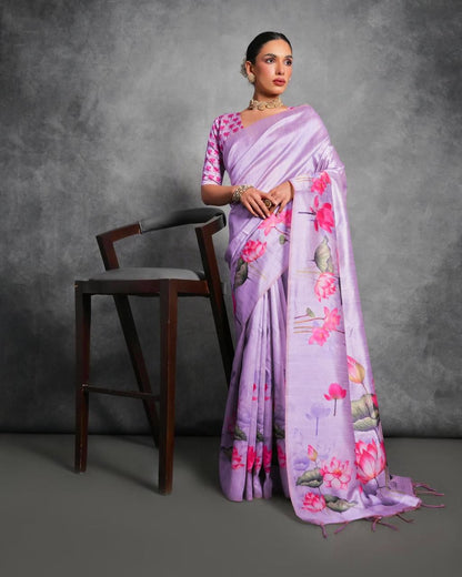 Soft Tussar Silk With Lotus Print Saree