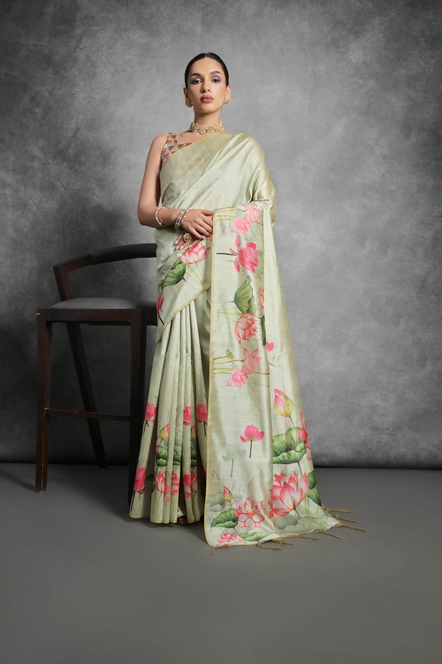 Soft Tussar Silk With Lotus Print Saree