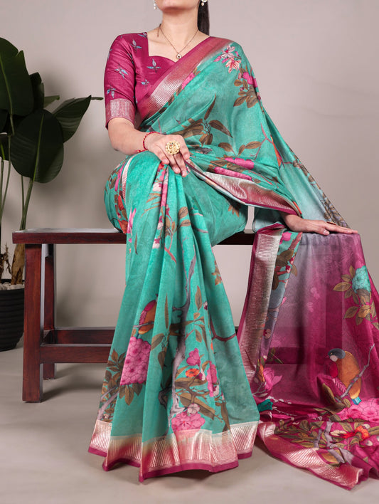 Printed Tussar Silk With Viscose Border Saree