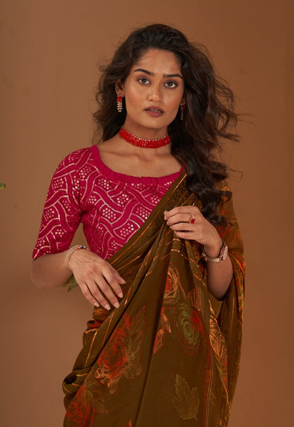 Chiffon With Fancy Embroidery Work Blouse Saree
