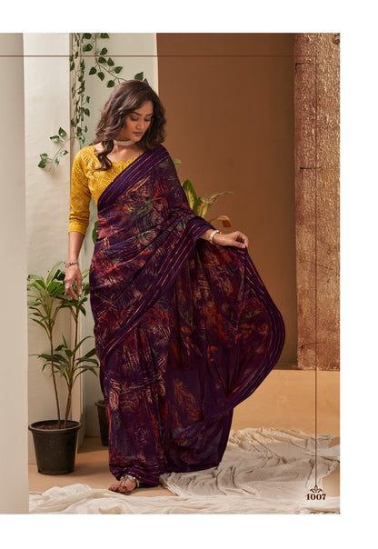 Chiffon With Fancy Embroidery Work Blouse Saree