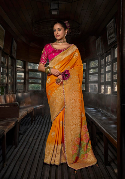 Heavy Embroidered Contrast Blouse Soft Dola Viscous Silk with 3d Weaved Pallu & Fancy Lace Border Yellow Saree