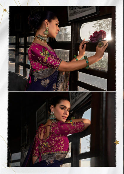 Heavy Embroidered Contrast Blouse Soft Dola Viscous Silk with 3d Weaved Pallu & Fancy Lace Border Purple Saree