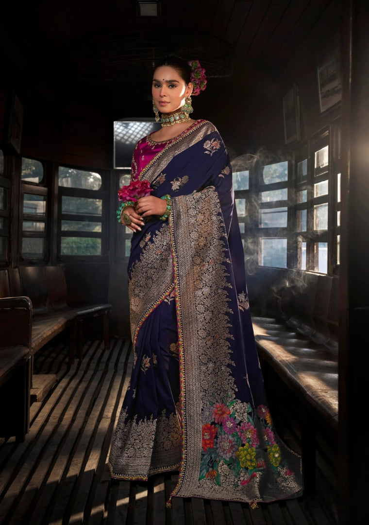 Heavy Embroidered Contrast Blouse Soft Dola Viscous Silk with 3d Weaved Pallu & Fancy Lace Border Purple Saree