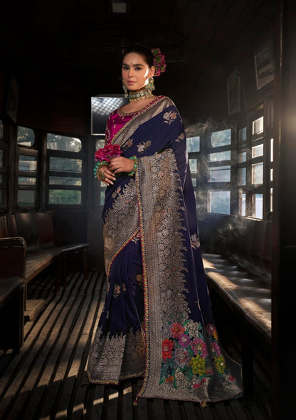 Heavy Embroidered Contrast Blouse Soft Dola Viscous Silk with 3d Weaved Pallu & Fancy Lace Border Purple Saree