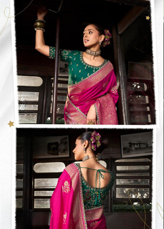Soft Dola Viscous Silk with 3d Weaved Pallu & Fancy Lace Border with Heavy Embroidered Contrast Blouse Rani Saree