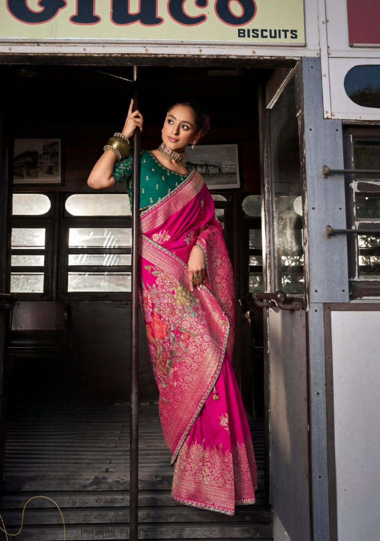 Soft Dola Viscous Silk with 3d Weaved Pallu & Fancy Lace Border with Heavy Embroidered Contrast Blouse Rani Saree