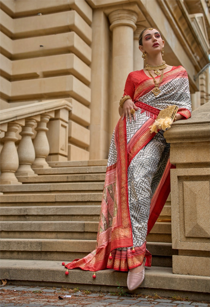 White P.v Silk With H.b. Luxury Print With Glory Finish And Stud Work