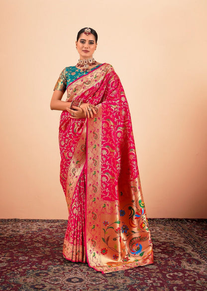 Red Paithani Silk Saree With Multi-Color Zari Weaving