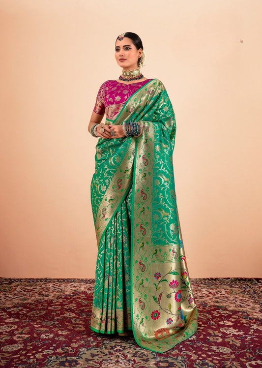 Green Paithani Silk Saree With Multi-Color Zari Weaving