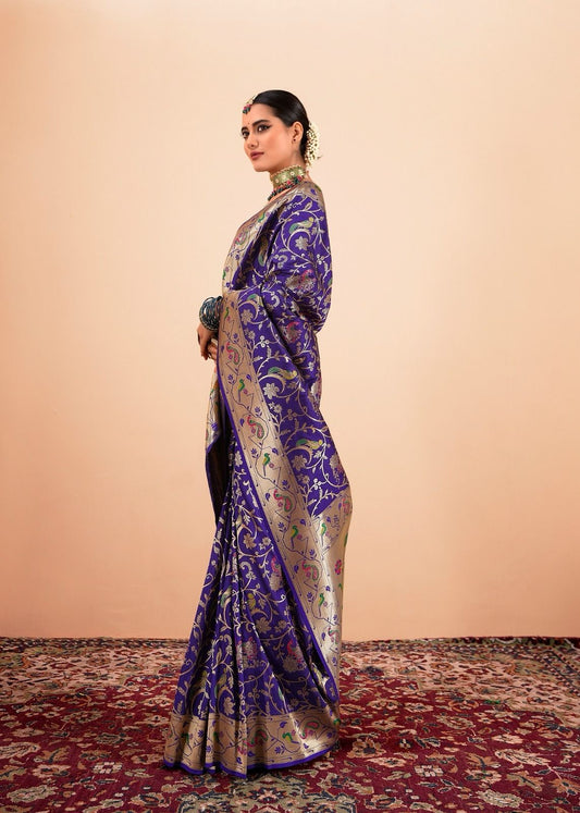 Blue Paithani Silk Saree With Multi-Color Zari Weaving