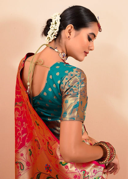 Red Paithani Silk Saree With Multi-Color Zari Weaving