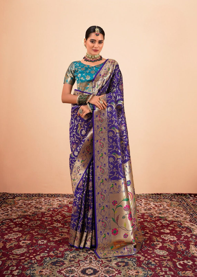Blue Paithani Silk Saree With Multi-Color Zari Weaving