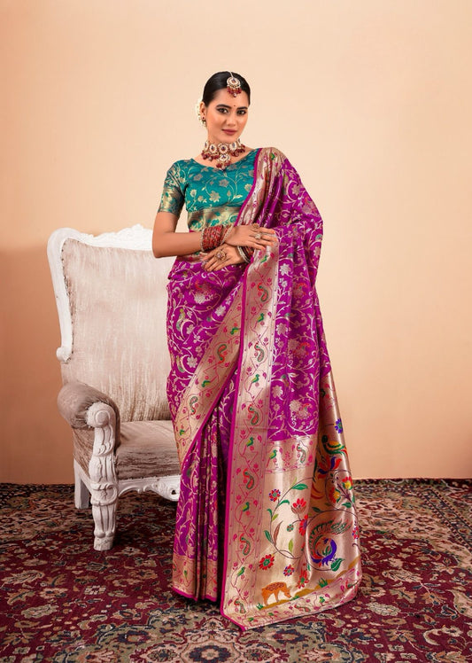 Wine Paithani Silk Saree With Multi-Color Zari Weaving