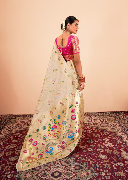 White Paithani Silk Saree With Multi-Color Zari Weaving
